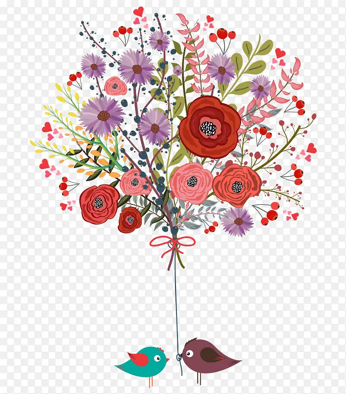 卡通手绘小鸟缤纷彩色花朵