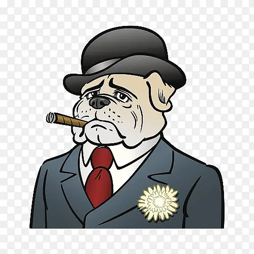 卡通严肃的狗狗先生抽雪茄插画免