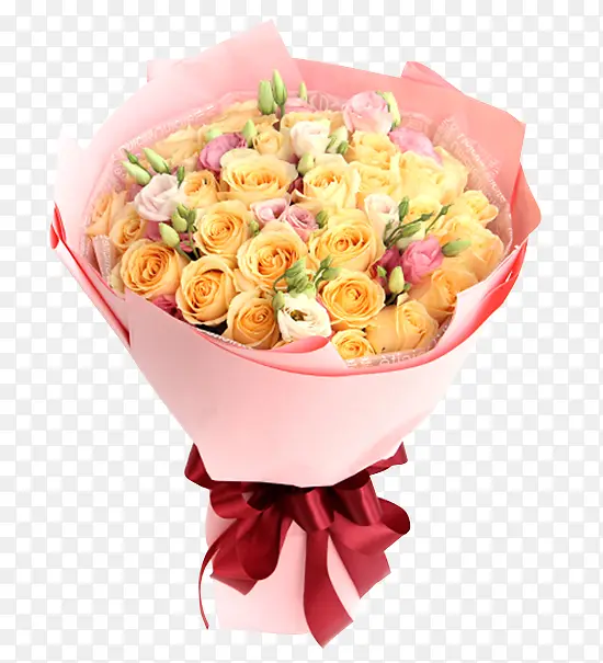 粉色卡纸包裹的黄玫瑰花束