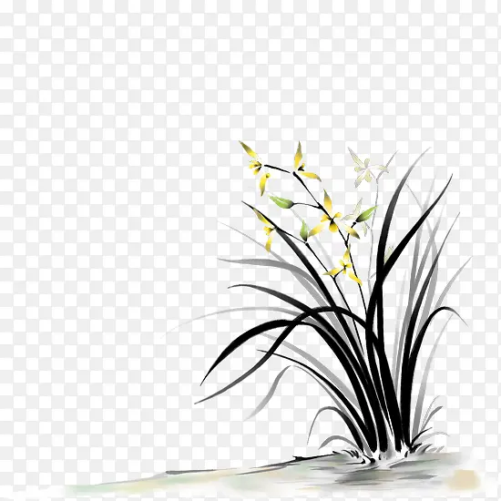 水墨画草丛上的黄花