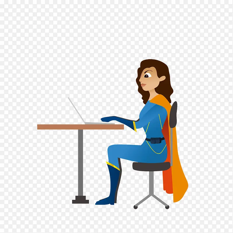 卡通用电脑工作的女超人