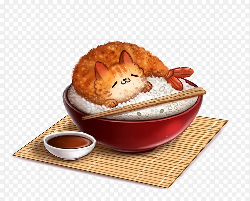 棕色小猫米饭筷子竹笠