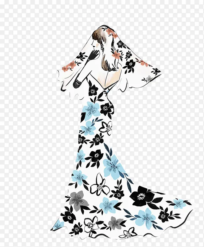 蓝色碎花露背礼服裙时尚女孩