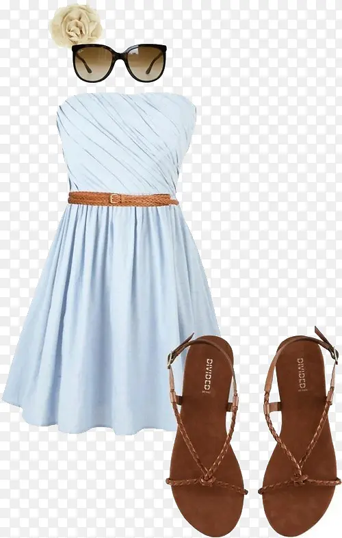淡蓝色束腰连衣裙