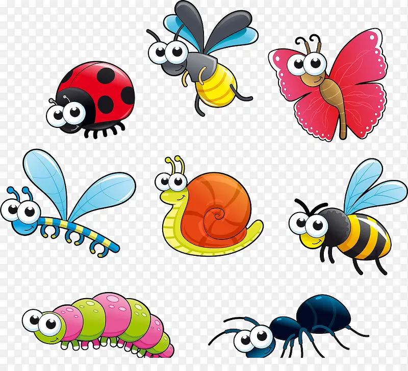 八只不同颜色的卡通昆虫