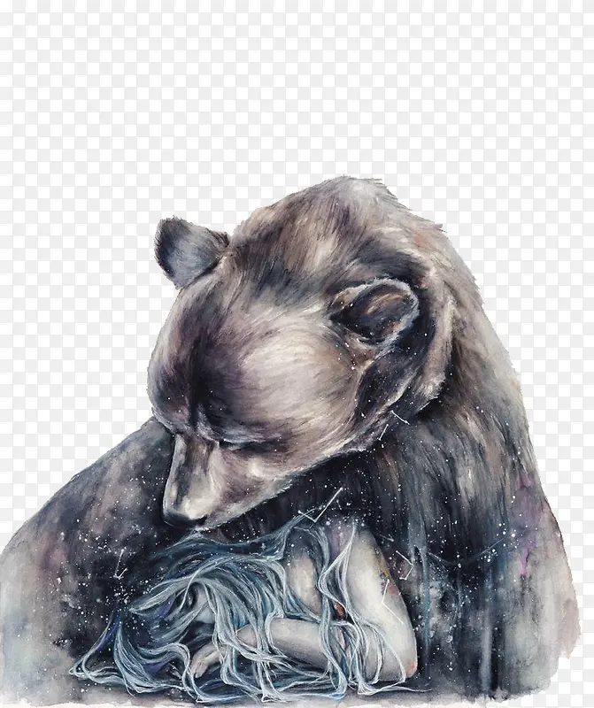 熊与少女水彩插画