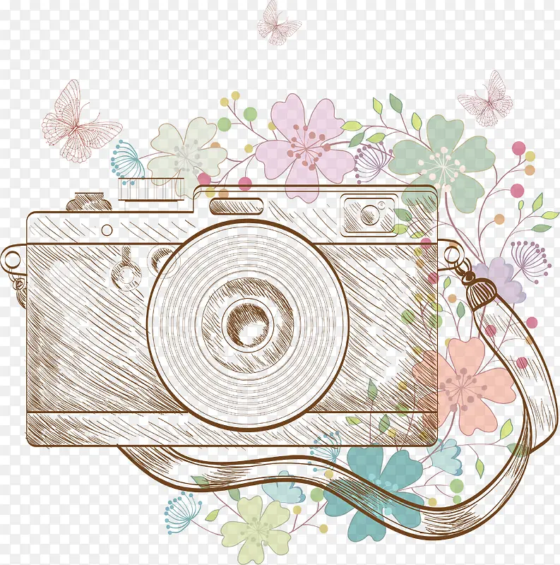 手绘素描花丛相机