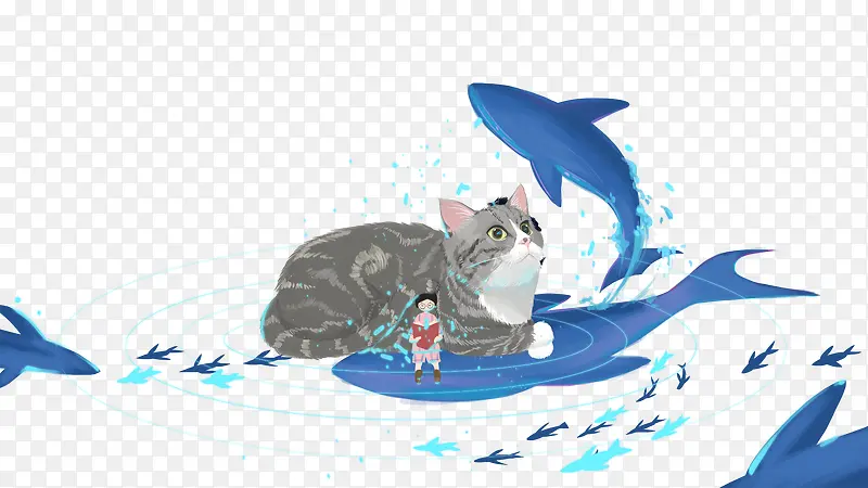 免抠卡通手绘猫咪看蓝色的海豚