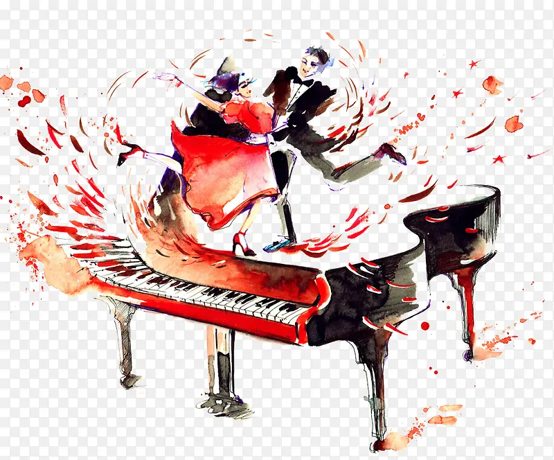 钢琴上跳踢踏舞的演员手绘插图