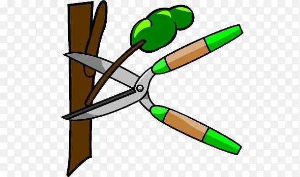 卡通修剪树枝的灰绿色剪刀