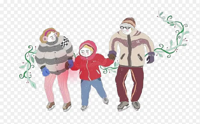 卡通手绘一家人冬季旅游