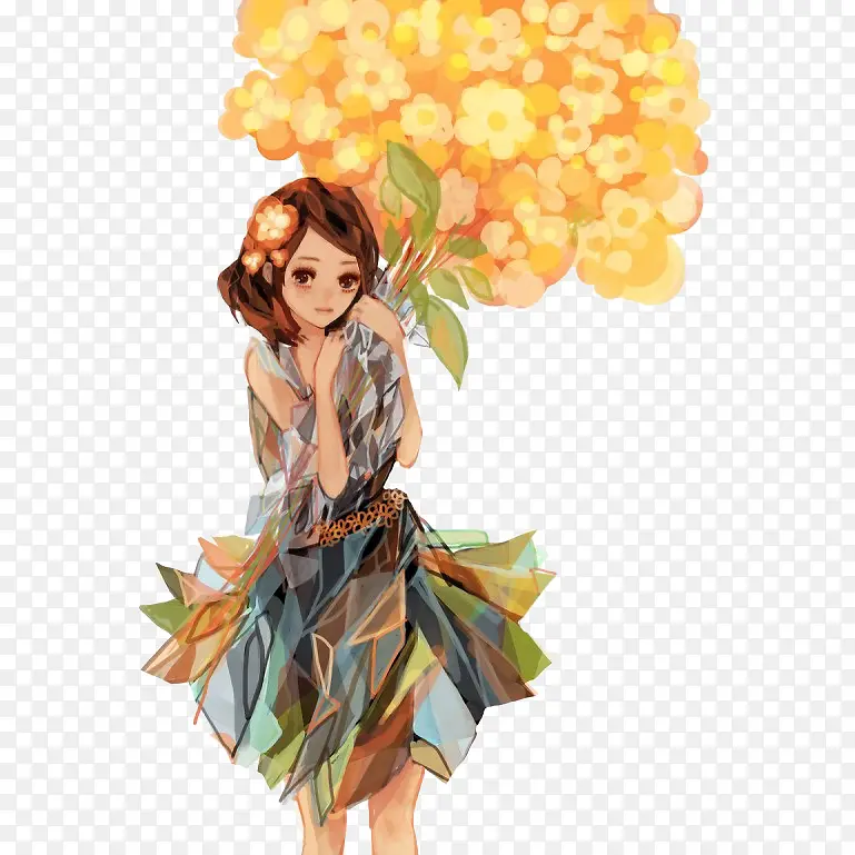 手绘唯美插画拿花的美女