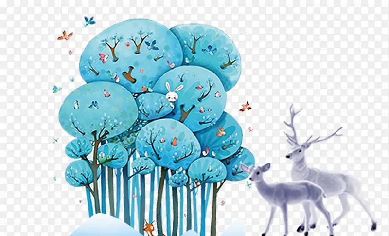 春季梦幻树木与小鹿装饰