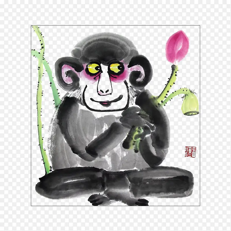 中国风水墨画猴子拿荷花免抠