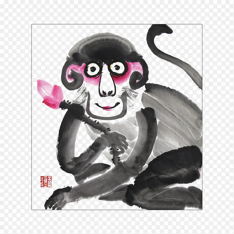 中国风水墨画拿荷花的猴子插画免