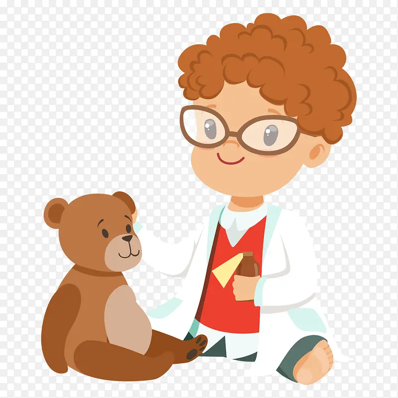 卡通男孩医生与玩具熊