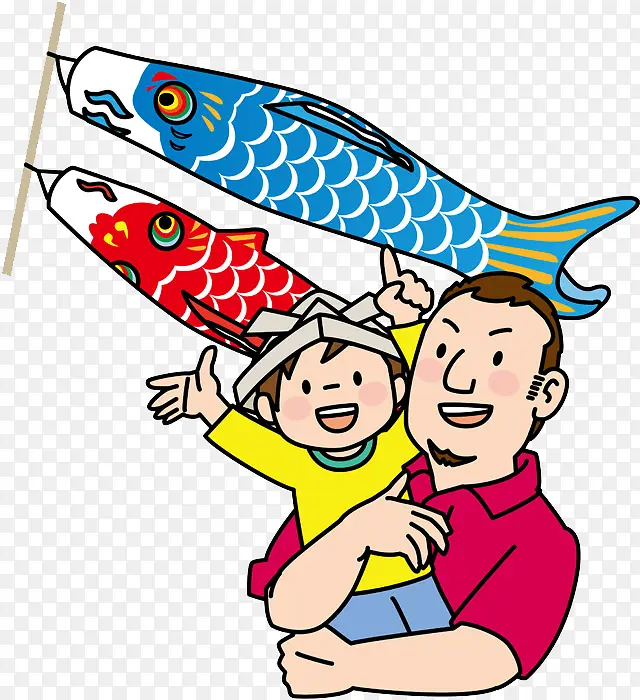 手绘漫画父子与鲤鱼旗