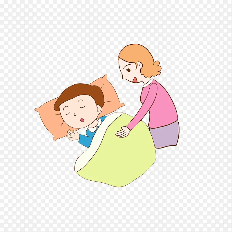 卡通帮睡觉的小孩盖被子的妈妈素