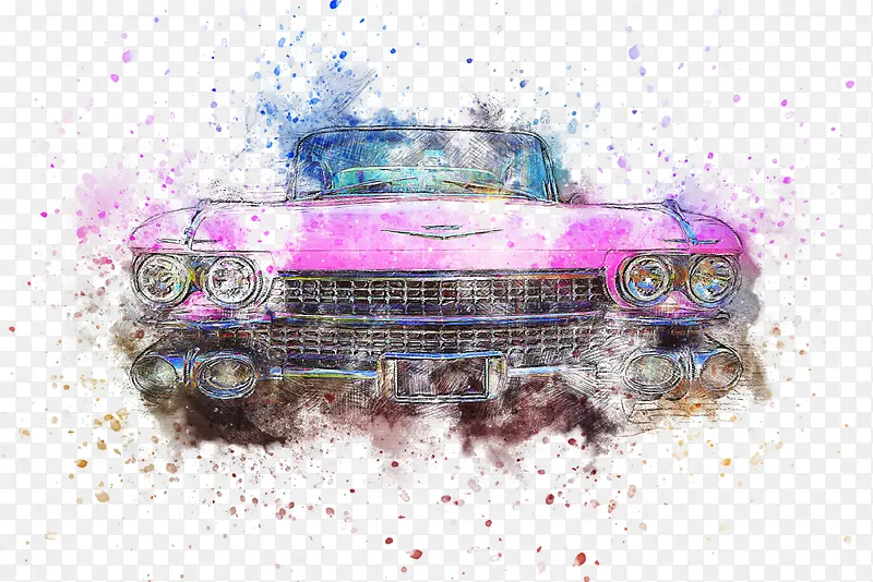 紫色水墨创意高清免抠手绘彩绘汽