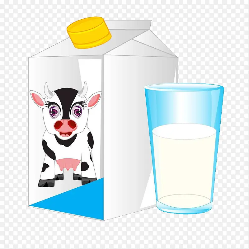 手绘牛奶盒及一杯牛奶