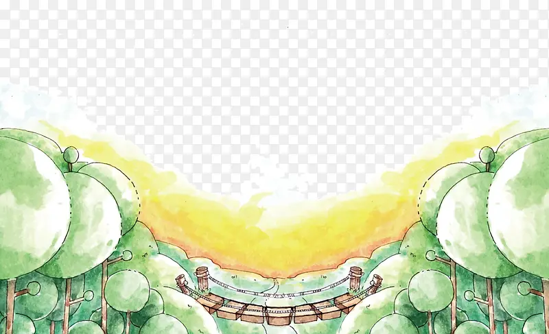 卡通彩绘绿色树林风景