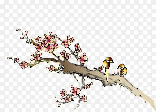 中国画粉色梅花树枝小鸟