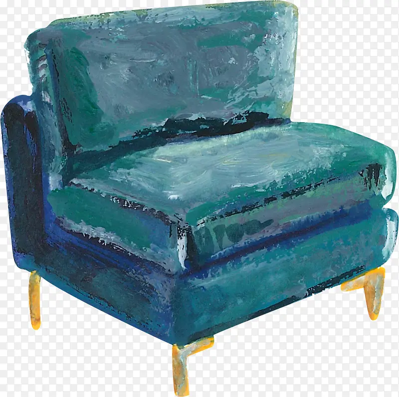 蓝色沙发水彩插画