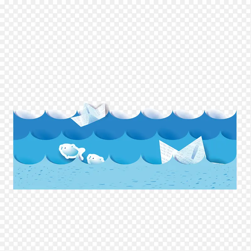 纸船和鱼混搭的扁平化海洋矢量
