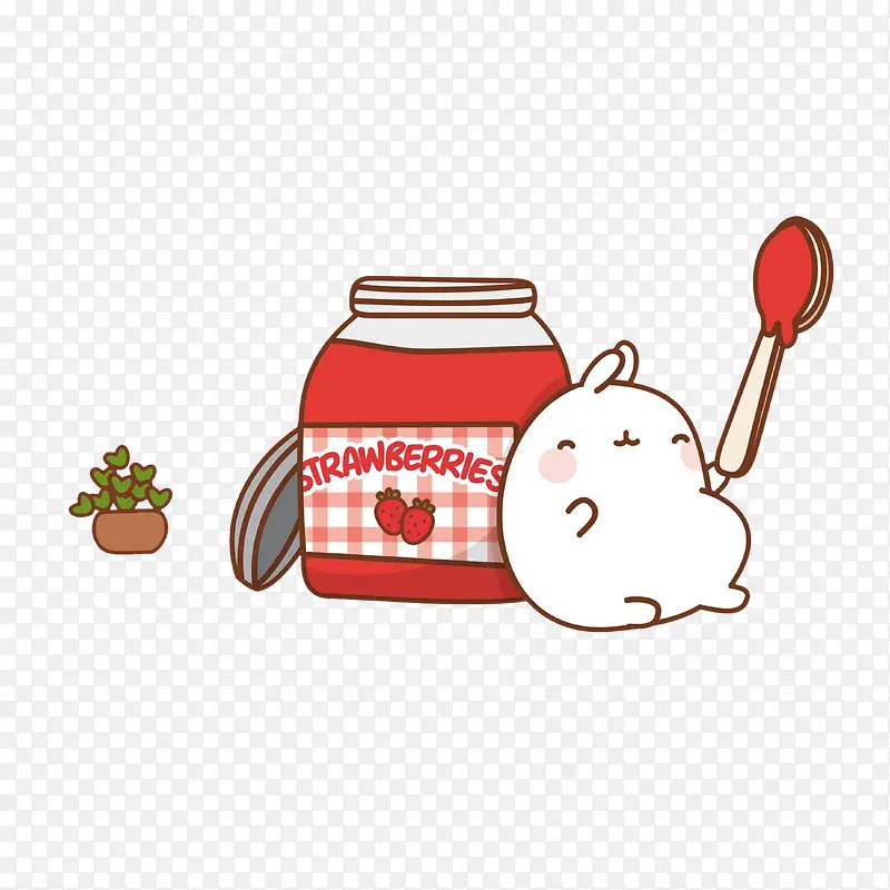 卡通靠着吃草莓酱瓶边的小兔子素
