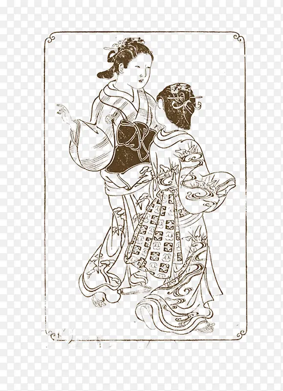 古代日本浮世绘风格女子剪影