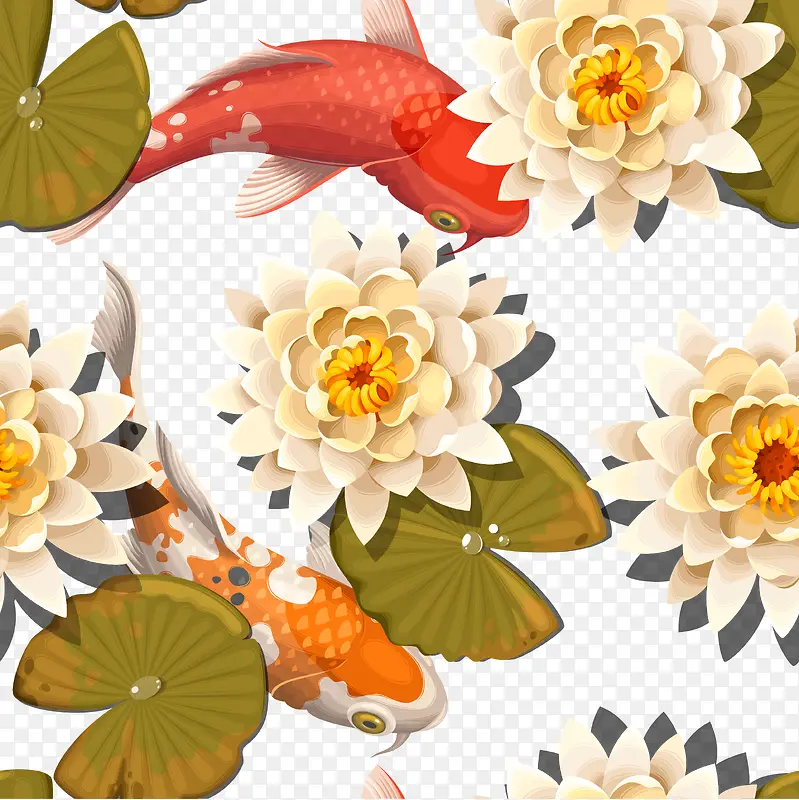 睡莲和鲤鱼插画素材矢量