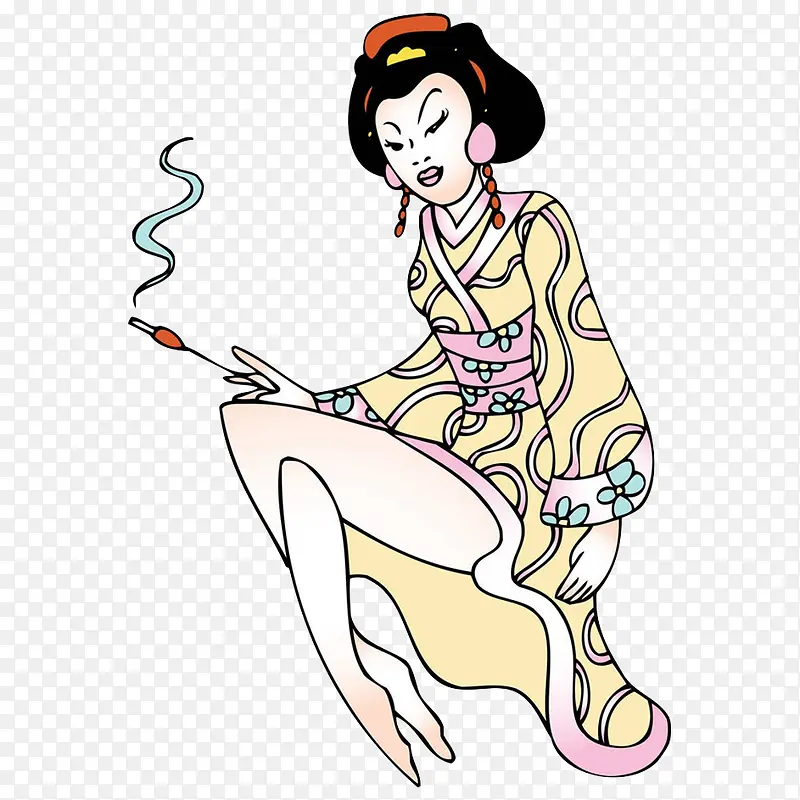 卡通日本艺妓抽烟的女人插画免抠