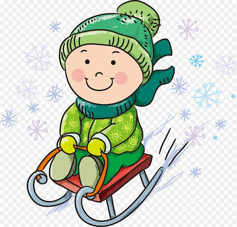 卡通男孩玩雪橇简图
