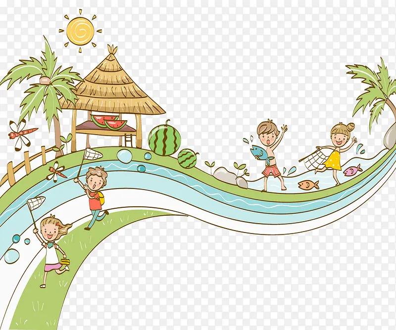 夏天孩子在水边玩耍