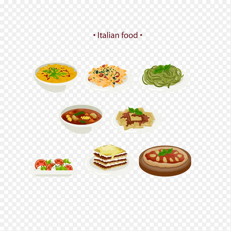 矢量彩色卡通多种意大利菜品