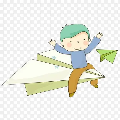 男孩乘坐纸飞机卡通手绘