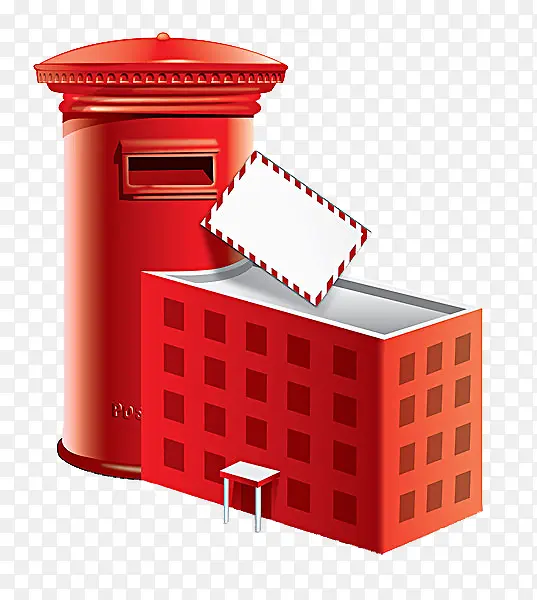 红色系手绘立体风邮政红色的邮筒