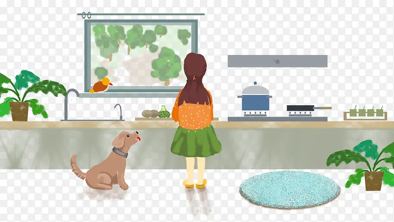 免抠卡通手绘在厨房里做饭的女孩