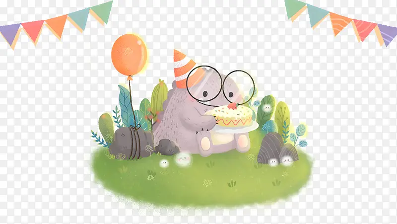 免抠卡通手绘草地上小恐龙吃蛋糕