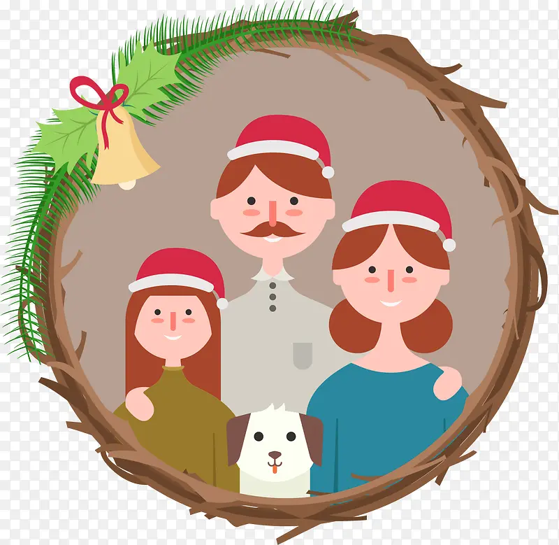 矢量手绘带着圣诞帽的一家人