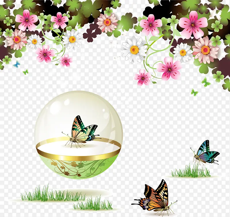 透明圆球蝴蝶花朵插画