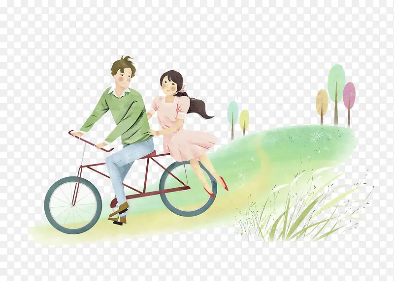 情侣骑单车踏青插画