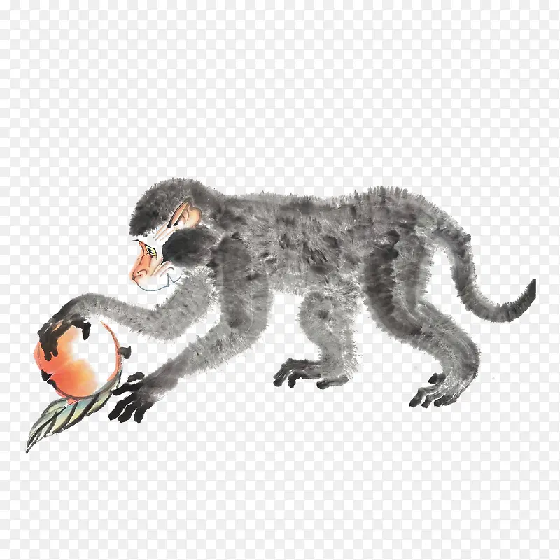 水墨画一只可爱的猴子抱桃免抠