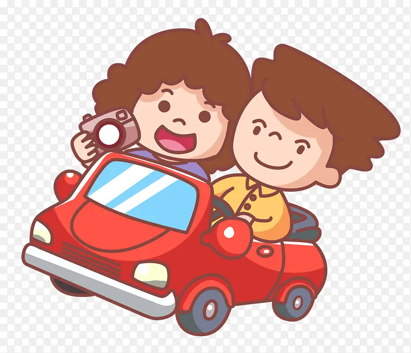可爱卡通人物插图驾车旅游的情侣