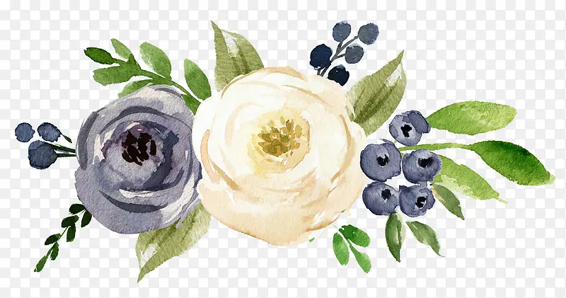 蓝莓和美丽花朵水墨图