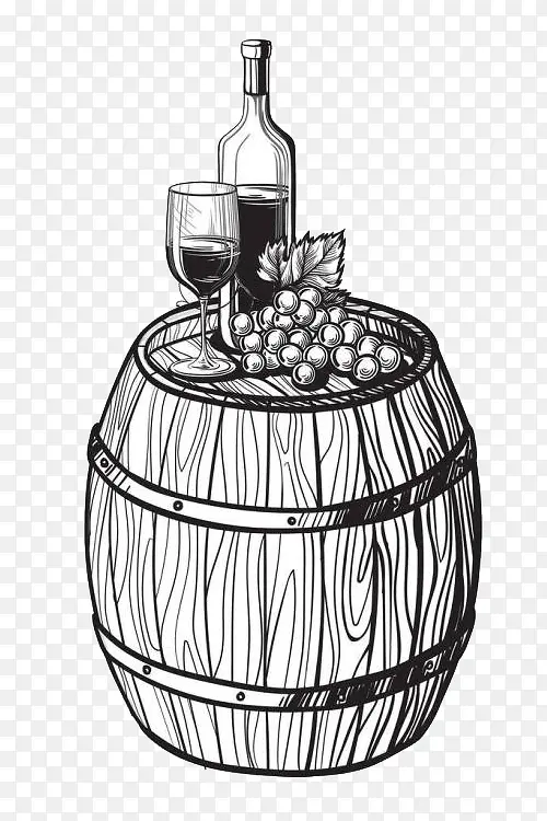 红酒酒杯橡木桶素描矢量图案