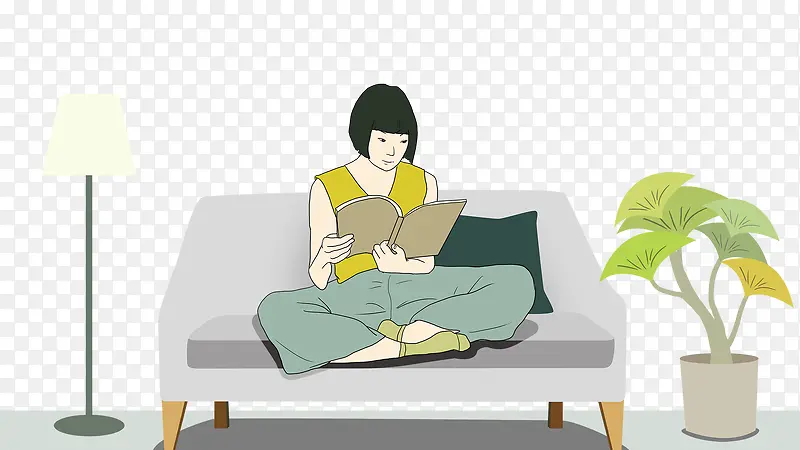 免抠卡通手绘坐在沙发上看书的女