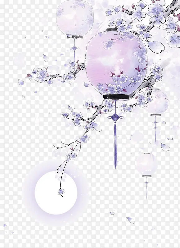 紫色中国风灯笼花枝装饰图案