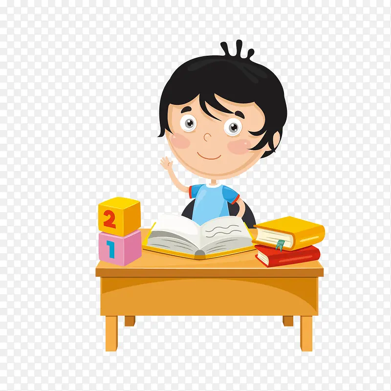 黄色书桌旁卡通看书男孩