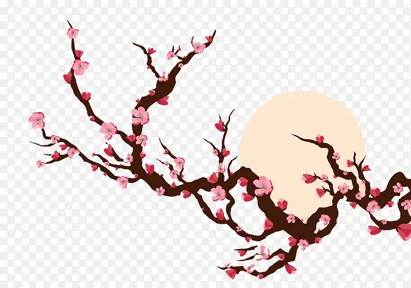 手绘桃树桃花和月亮免扣